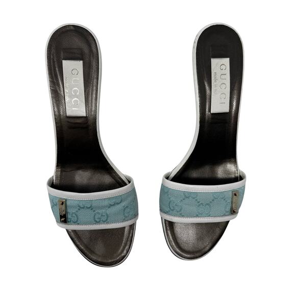 Gucci Monogram Canvas Kitten Heel Slides Blue White Logo Mules Sandals 7.5 - Picture 5 of 9